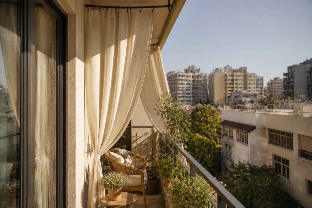 Balkon z roślinami, wiklinowym fotelem i jasnymi zasłonami na tle miejskich budynków