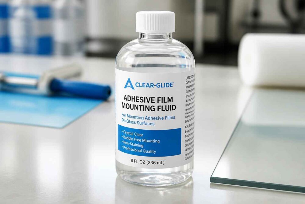 Clear-Glide płyn do montażu folii samoprzylepnych Butelka Clear-Glide Adhesive Film Mounting Fluid na stole obok narzędzi i arkusza szkła