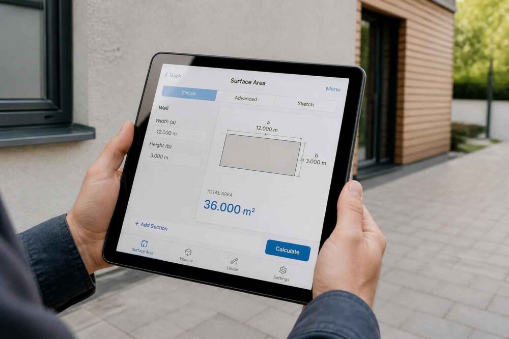 Tablet z aplikacją pokazującą pomiar powierzchni elewacji przy domu