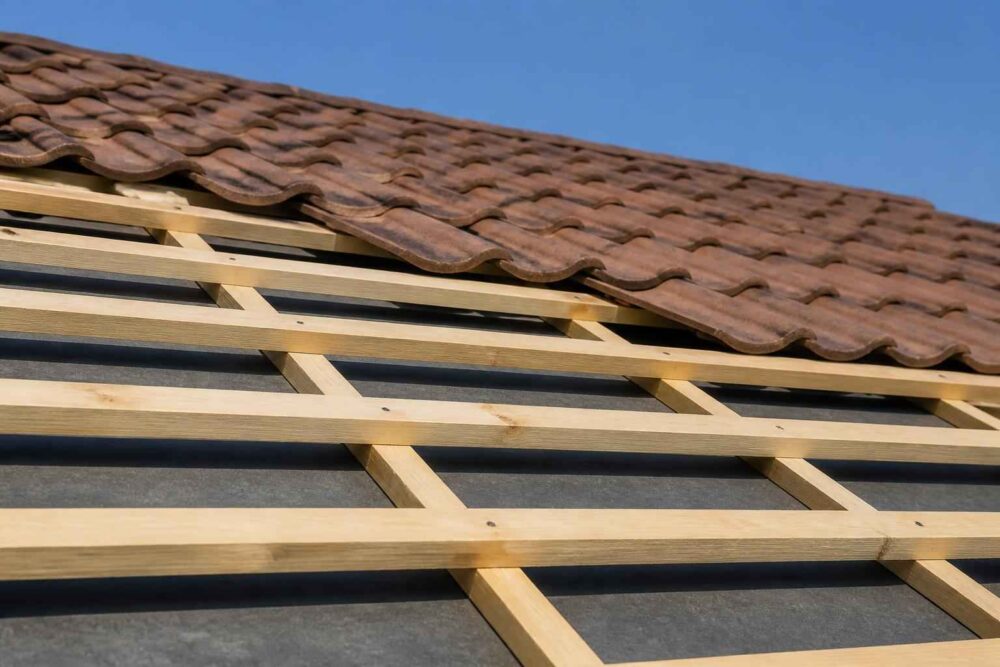 Drewniane łaty dachowe pod falistą dachówką ceramiczną na stoku dachu